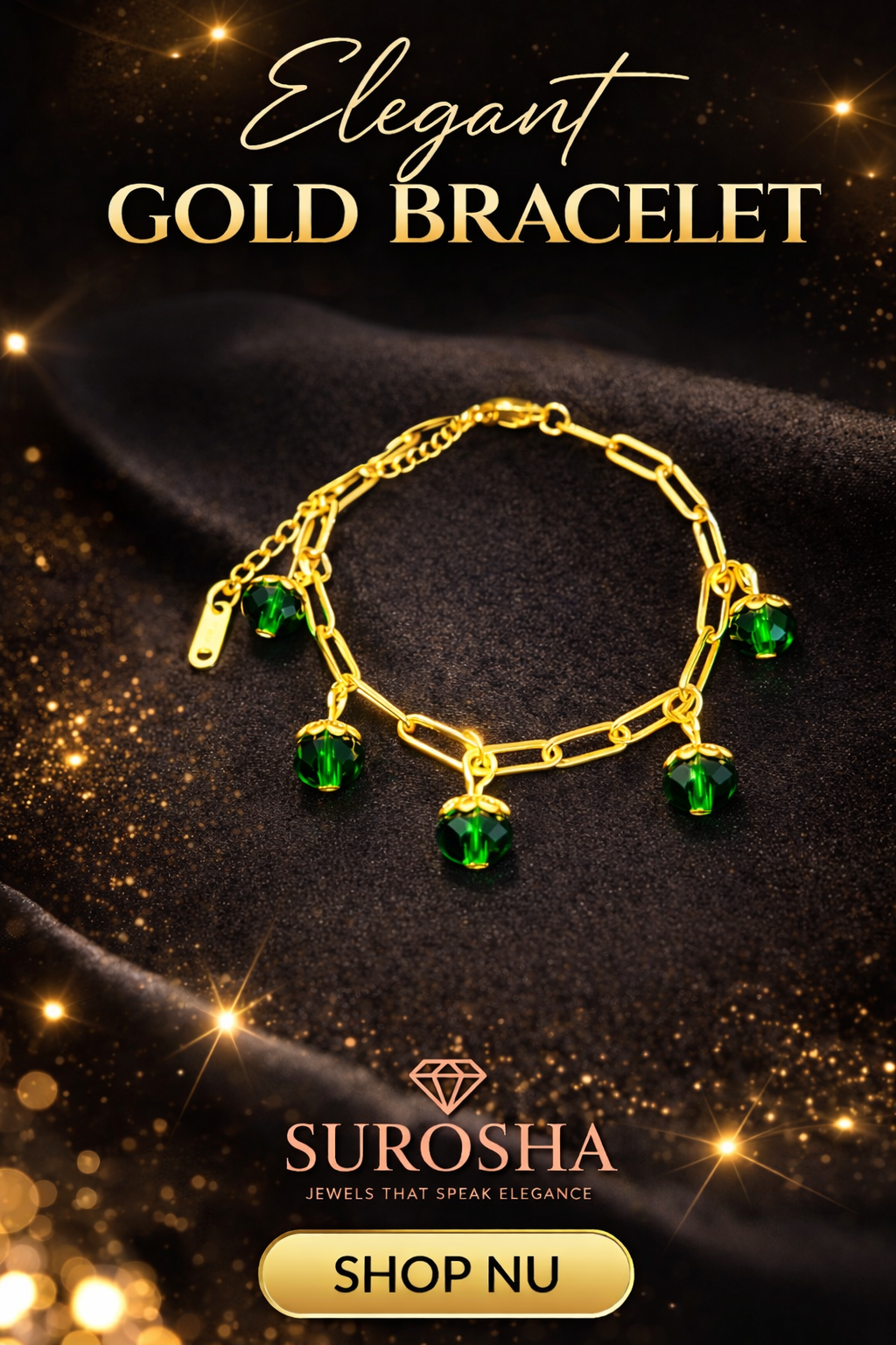 SuRosha goudkleurige schakelarmband met groene Ogri Ai kralen