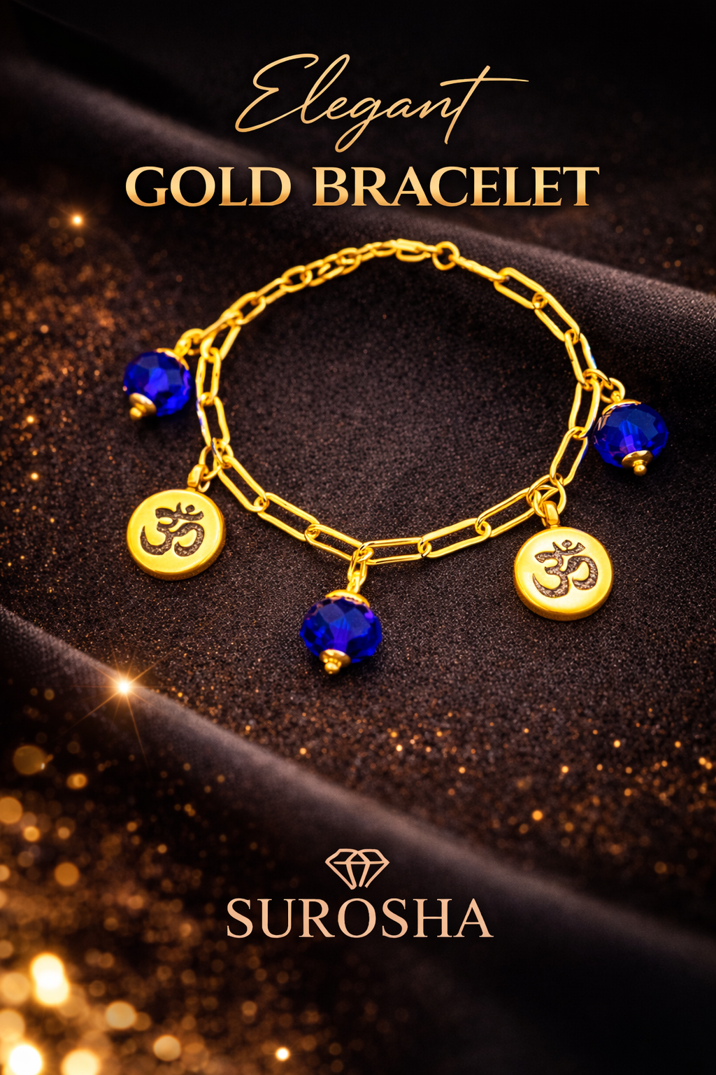 SuRosha Elegant Gold Bracelet – goudkleurige armband met blauwe kralen en Ohm bedels