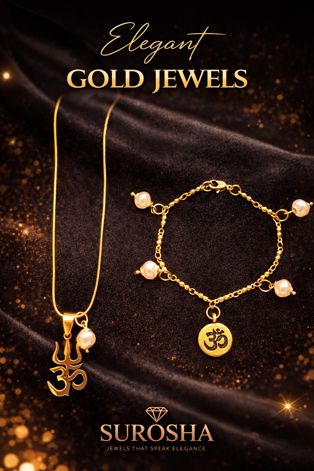 SuRosha Trishul Ohm Pearl Necklace – goudkleurige ketting met parelmoer roze kraal