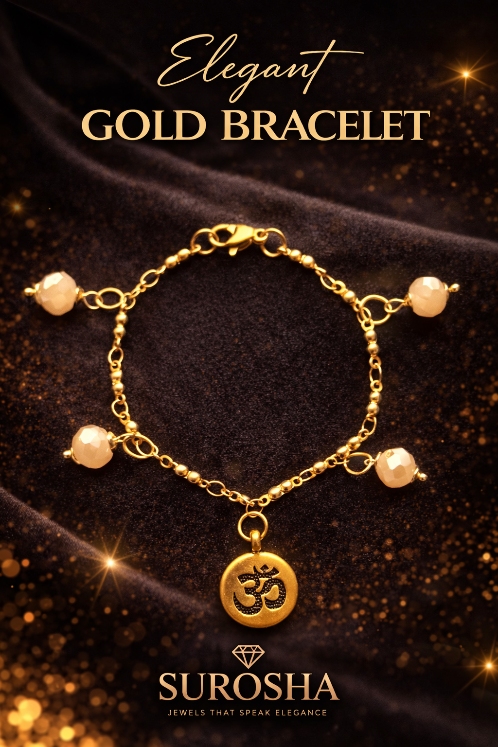 SuRosha Elegant Gold Bracelet – goudkleurige armband met parelmoer roze kralen en Ohm bedel
