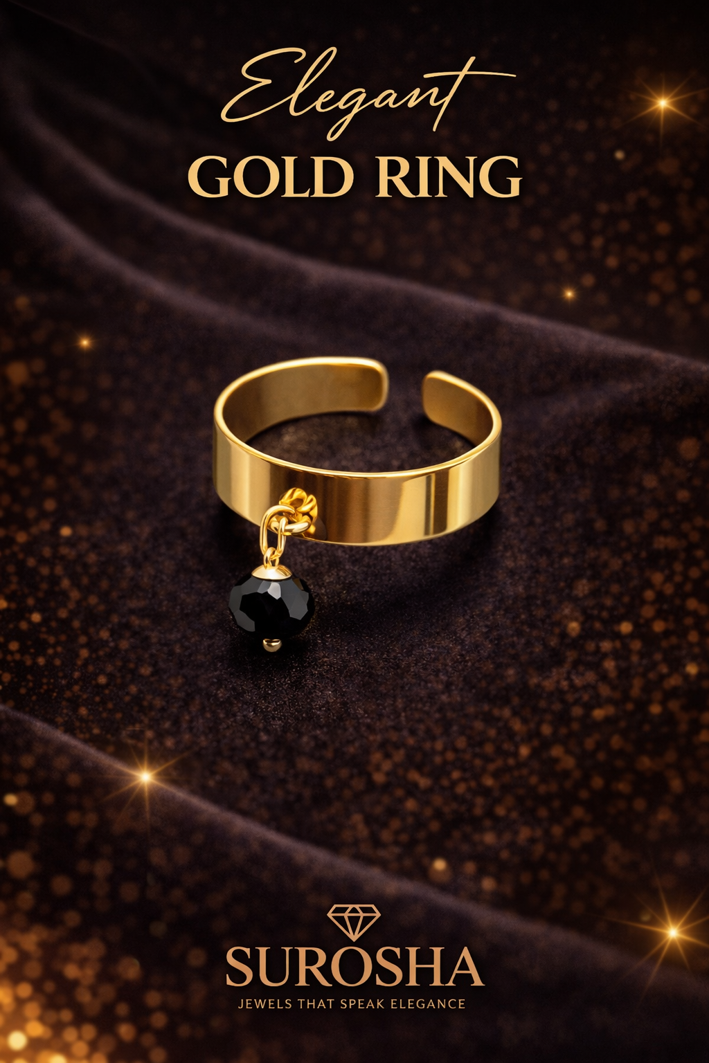 SuRosha Luxe Smalle Open Ring – Goudkleurige RVS Ring met Zwarte ogri ai kraal