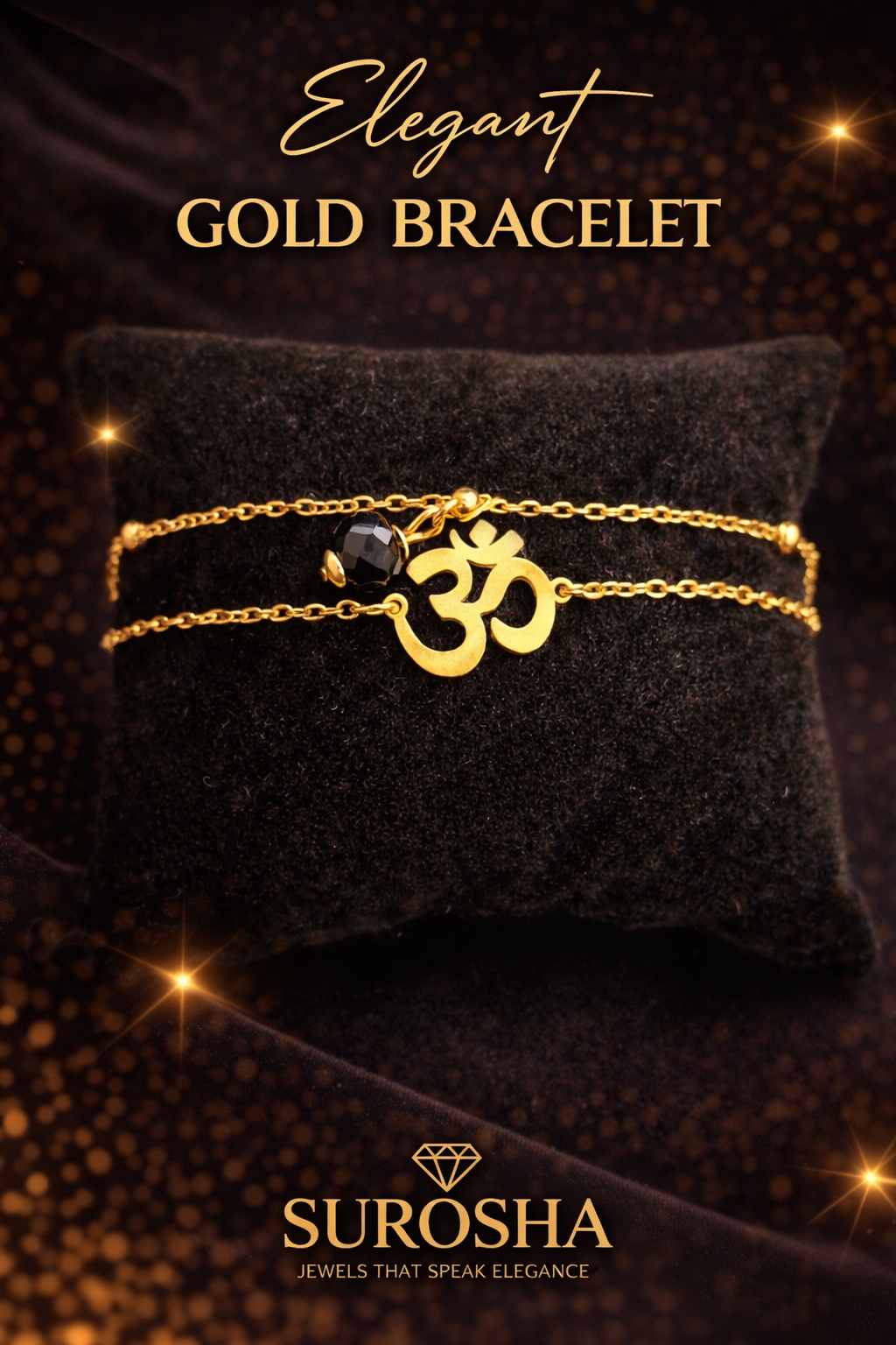 SuRosha Gold Harmony Bracelet – goudkleurige dubbele armband met zwarte kraal en Ohm hanger