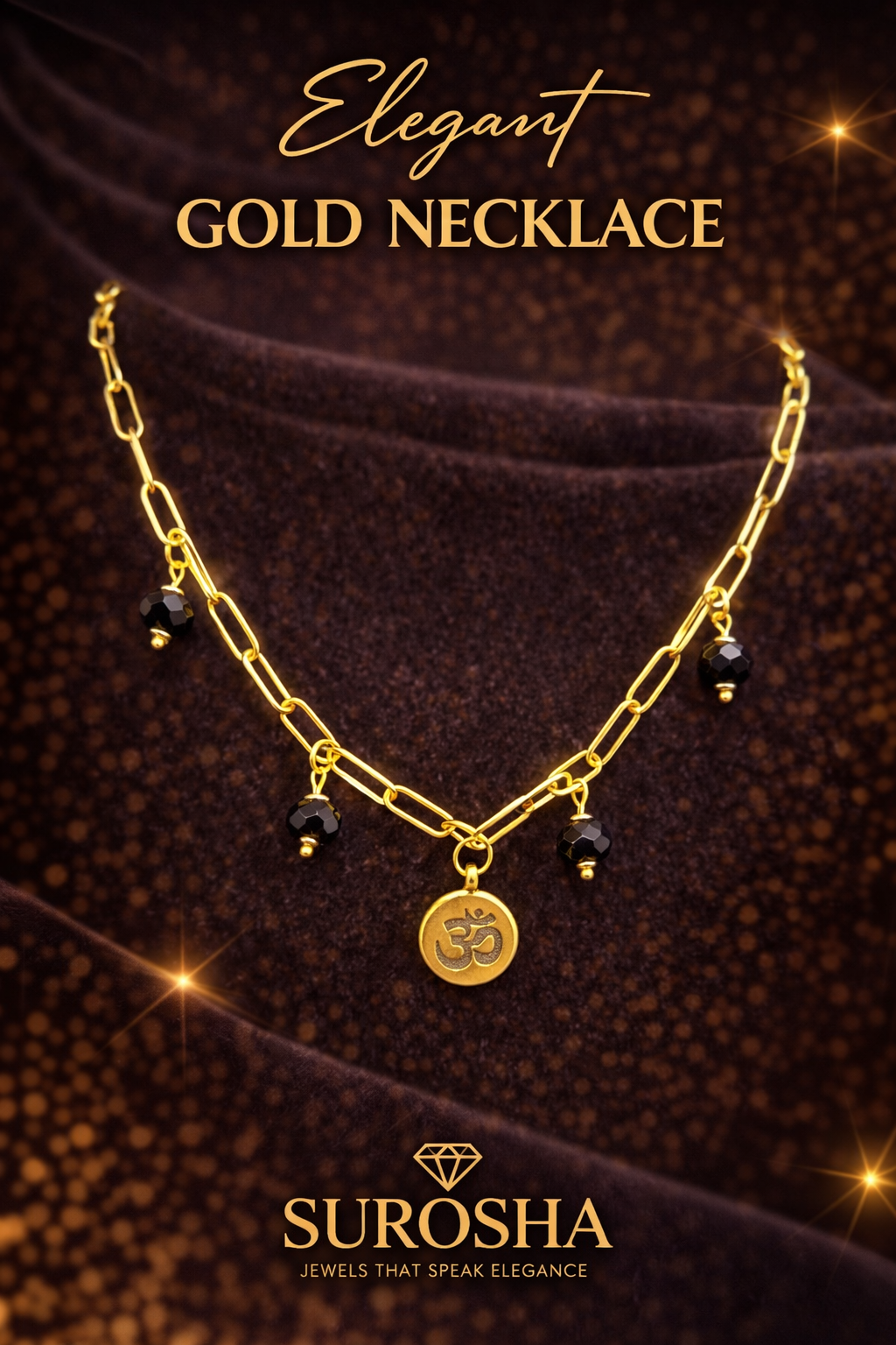 SuRosha Noir Ogri Necklace – goudkleurige ketting met zwarte Ogri Ai kralen en Ohm bedel