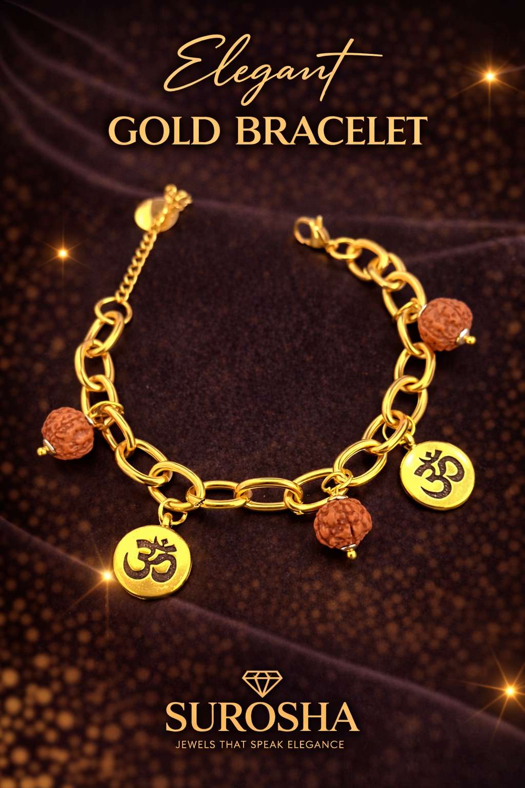 SuRosha Rudraksha Gold Bracelet – goudkleurige armband met Rudraksha kralen en Ohm bedels