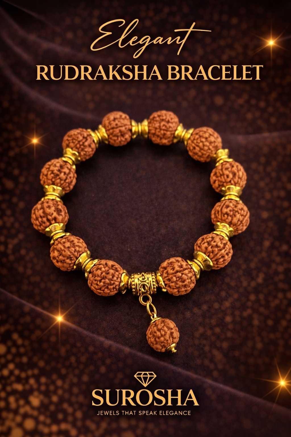 SuRosha Rudraksha Royal Bracelet – elastische armband met Rudraksha kralen en gouden details