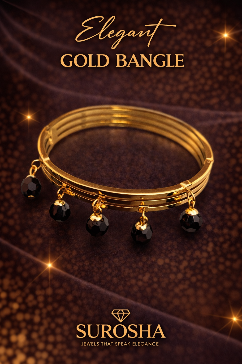 SuRosha Black Crystal Bangle – goudkleurige bangle met zwarte ogri ai kralen