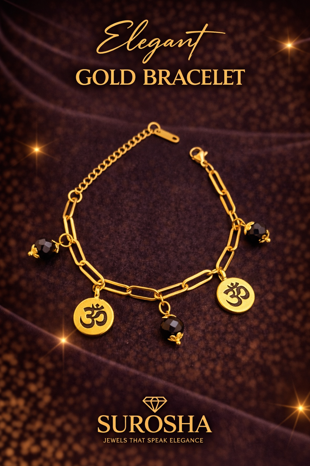 SuRosha Noir Essence Bracelet – goudkleurige armband met zwarte kralen en Ohm bedels