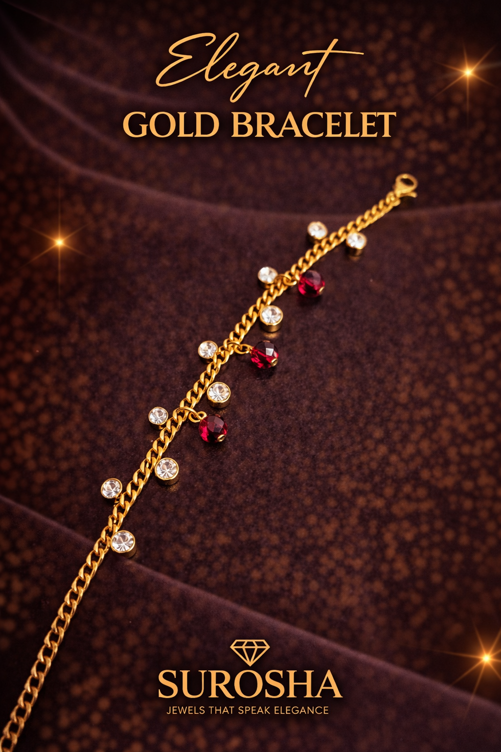 SuRosha Crystal Luxe Bracelet – goudkleurige armband met rode en transparante kristallen