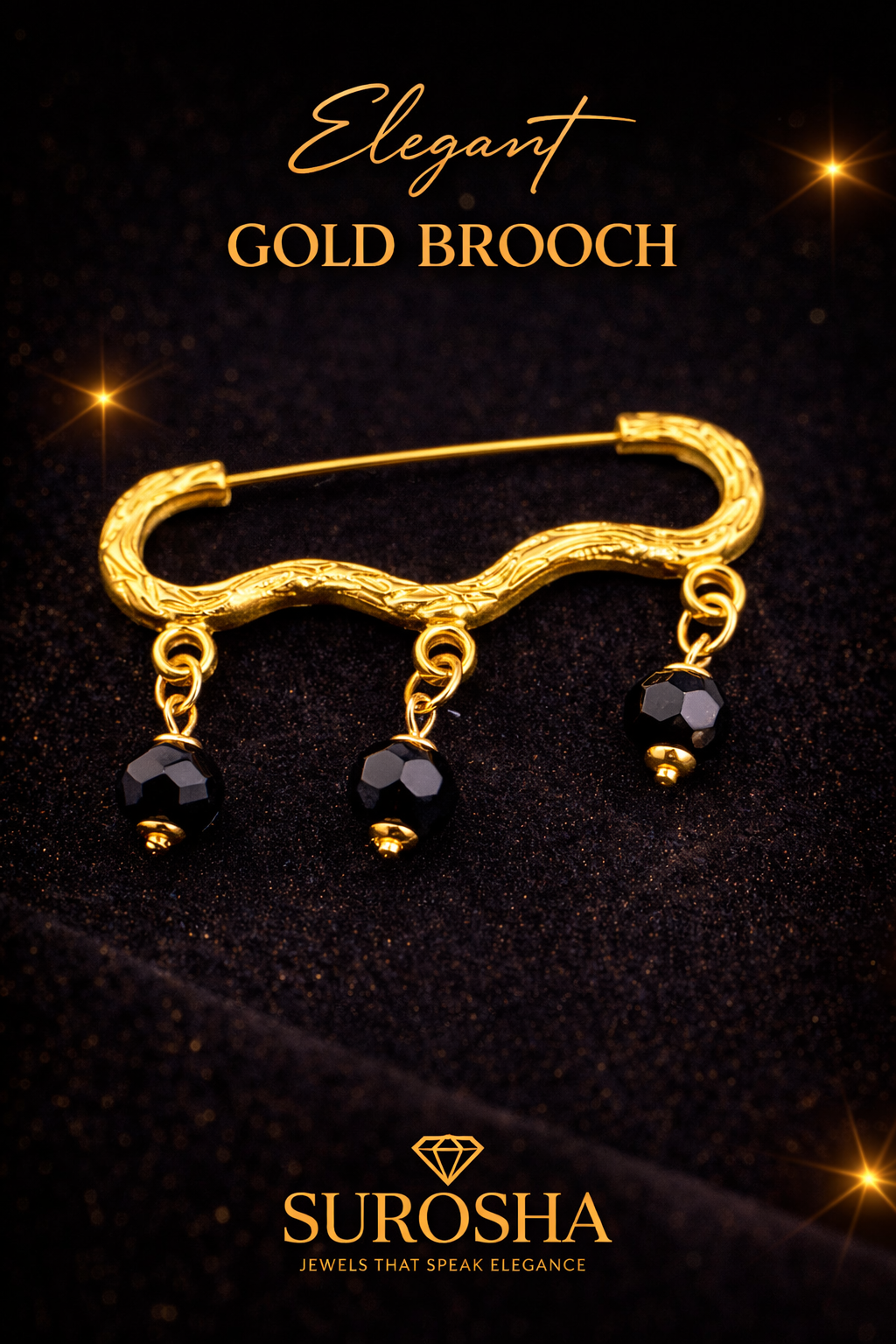 SuRosha Luxe Gouden Broche met Zwarte Ogri Ai Kralen – 5 cm