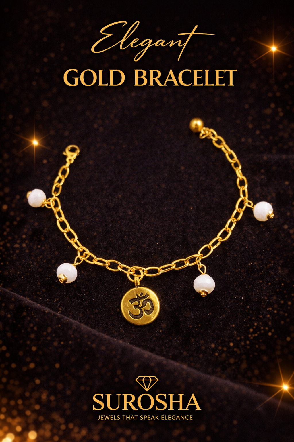 SuRosha Pearl Essence Bracelet – goudkleurige armband met witte parelmoer kralen en Ohm bedel