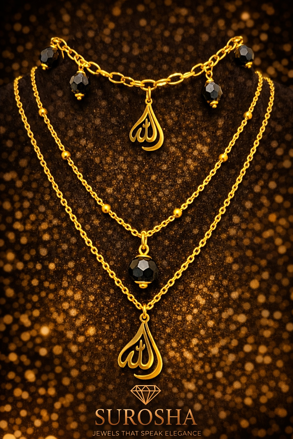 SuRosha Crimson Ogri Duo Necklace – Dubbele Ketting met Zwarte Ogri Ai Kraal & Allah Bedel