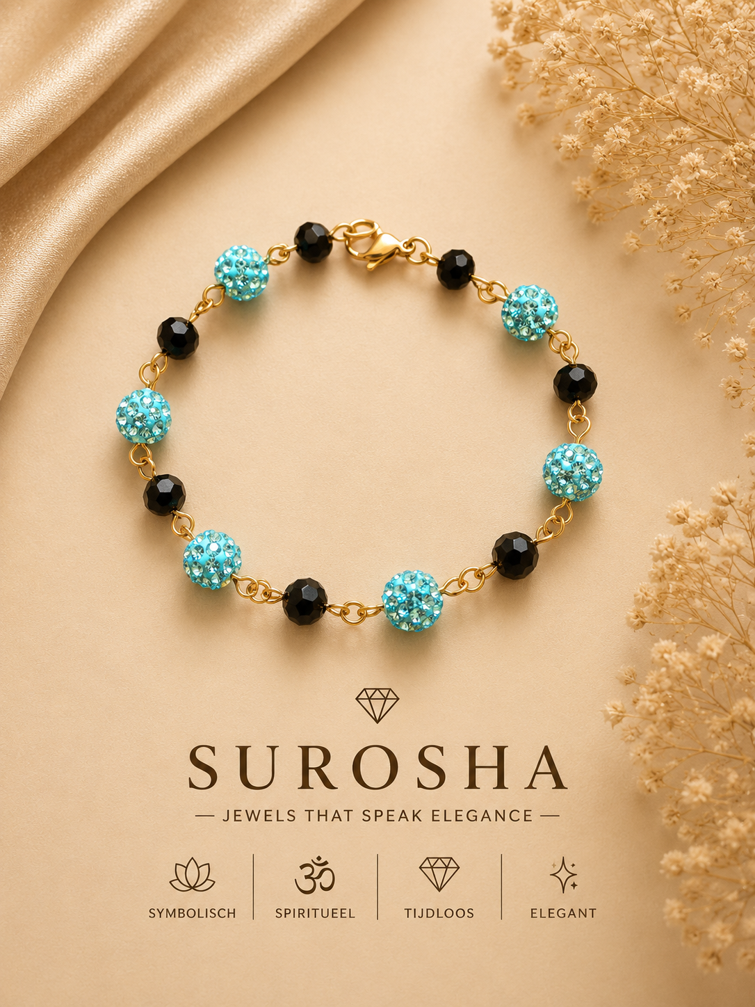 SuRosha Armband met Turquoise Shamballa Kralen en Zwarte Ogri Ai Kralen