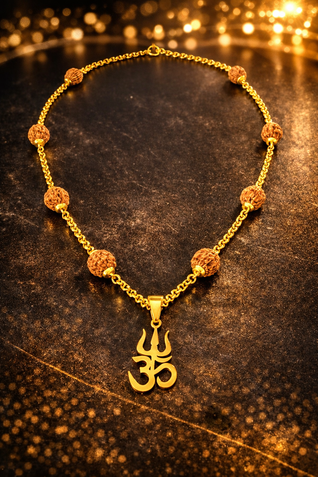 SuRosha Trishul Rudraksha Necklace – 60 cm goudkleurige ketting met Rudraksha kralen