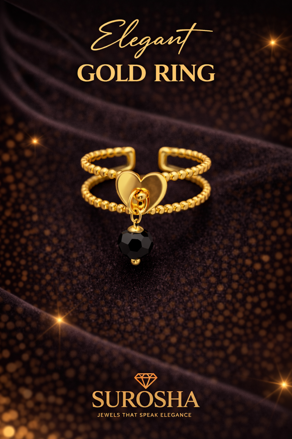 SuRosha Adjustable Heart Ring met Zwarte Ogri Ai Kraal – Elegant Dubbelband Design