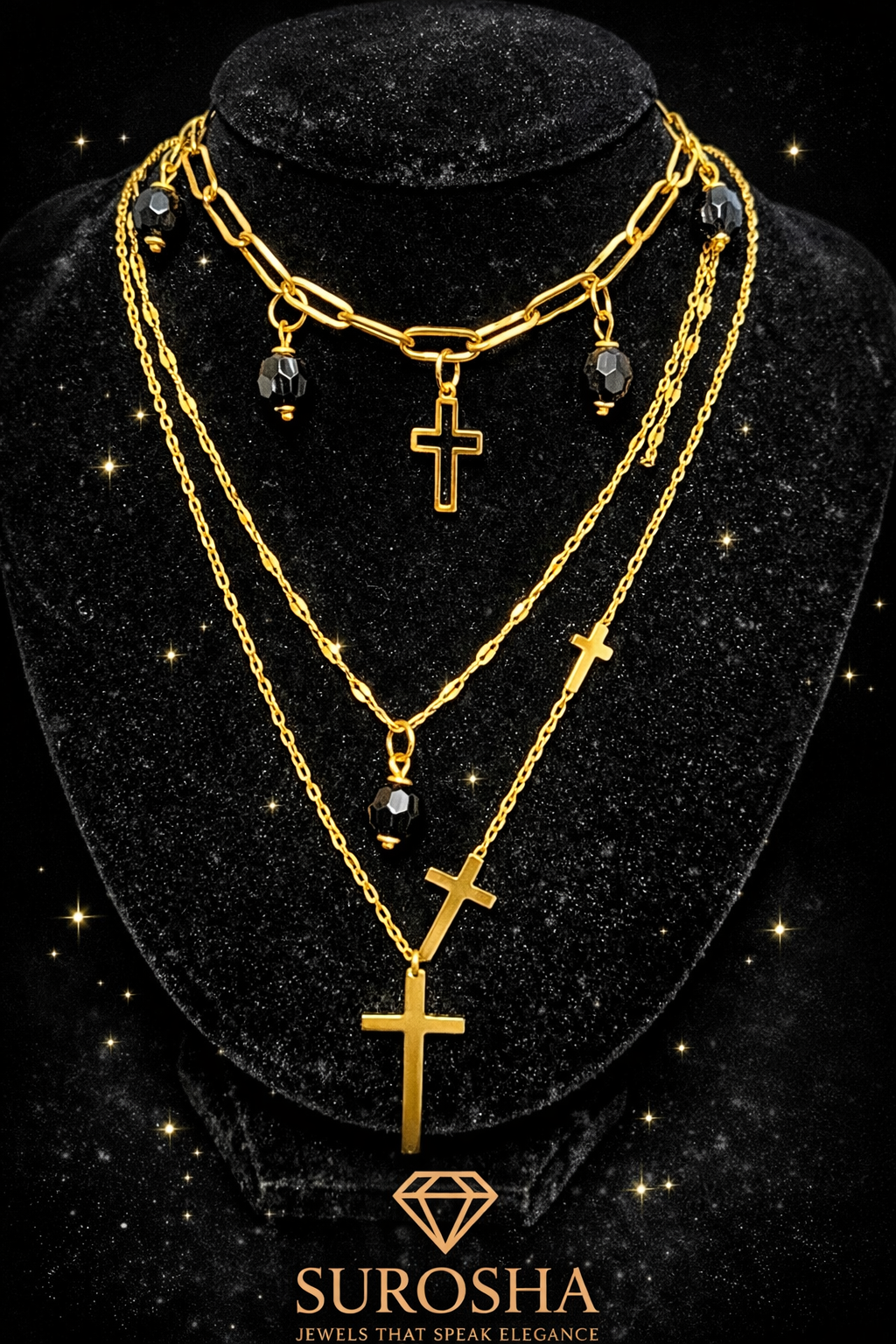 SuRosha Crimson Ogri Duo Necklace – Dubbele Ketting met Zwarte Ogri Ai Kraal & Kruis Bedel