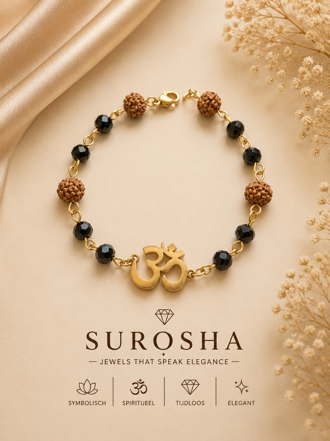 SuRosha OHM Armband met Rudraksha en Zwarte Ogri Ai Kralen