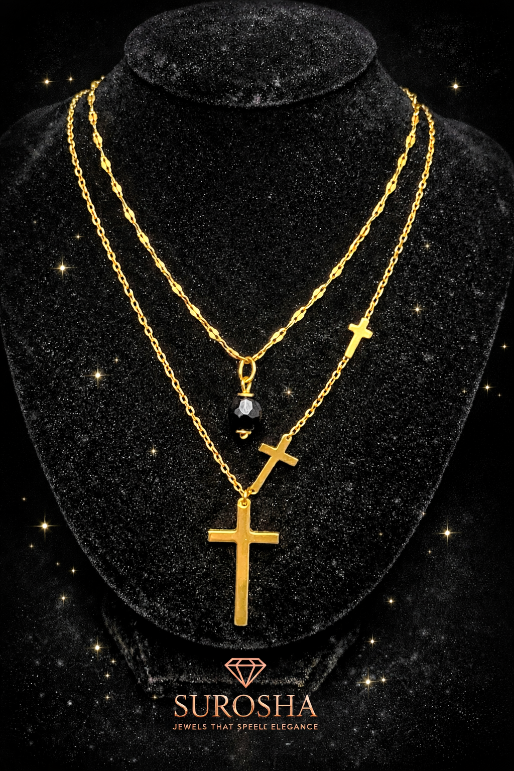 SuRosha Crimson Ogri Duo Necklace – Dubbele Ketting met Zwarte Ogri Ai Kraal & Kruis Bedel