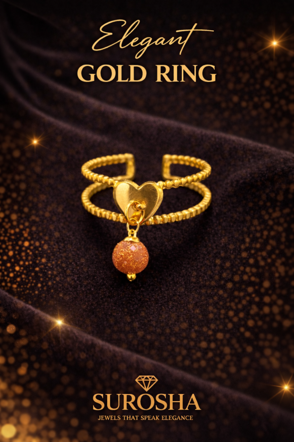 SuRosha Adjustable Heart Ring met Zandsteen Kraal – Elegant Dubbelband Design