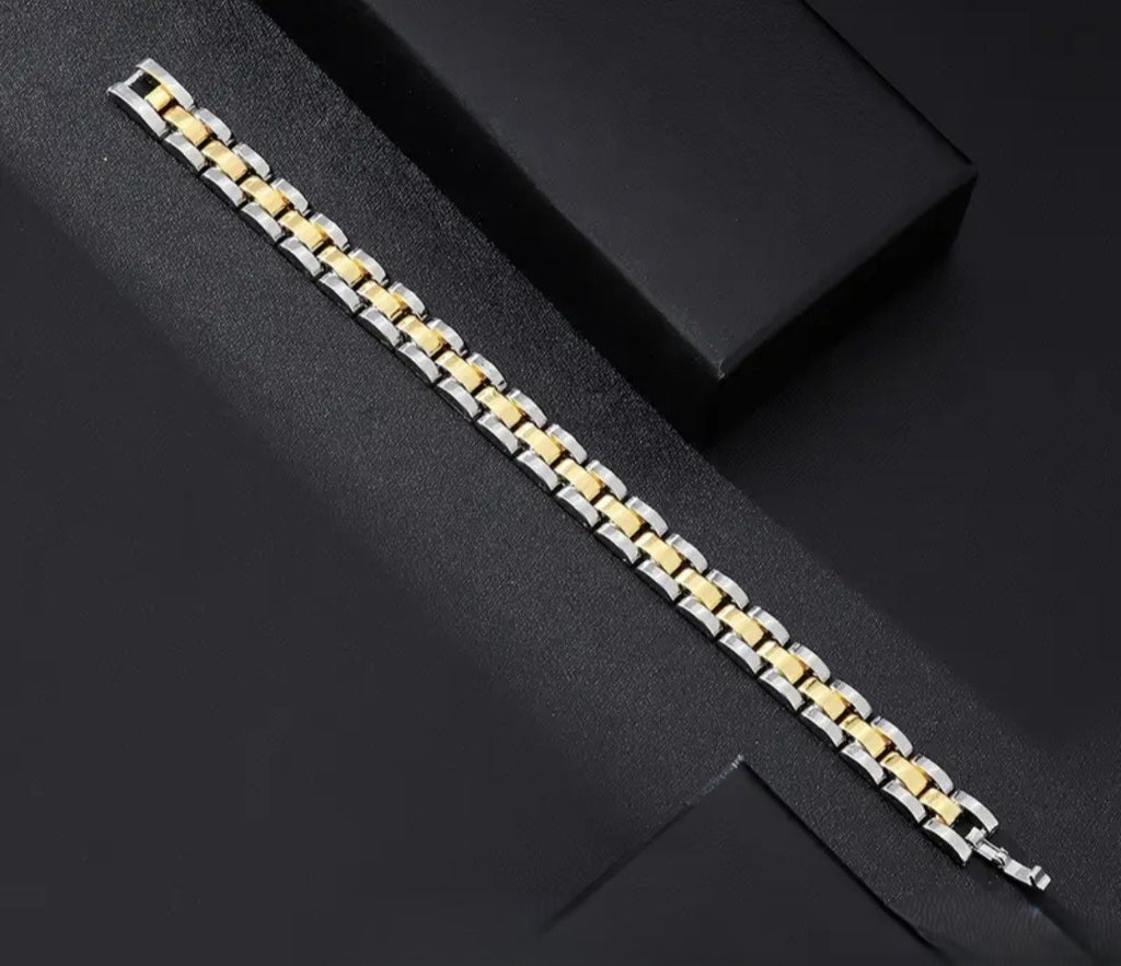 Herenarmband met goud- en zilverkleurige schakels