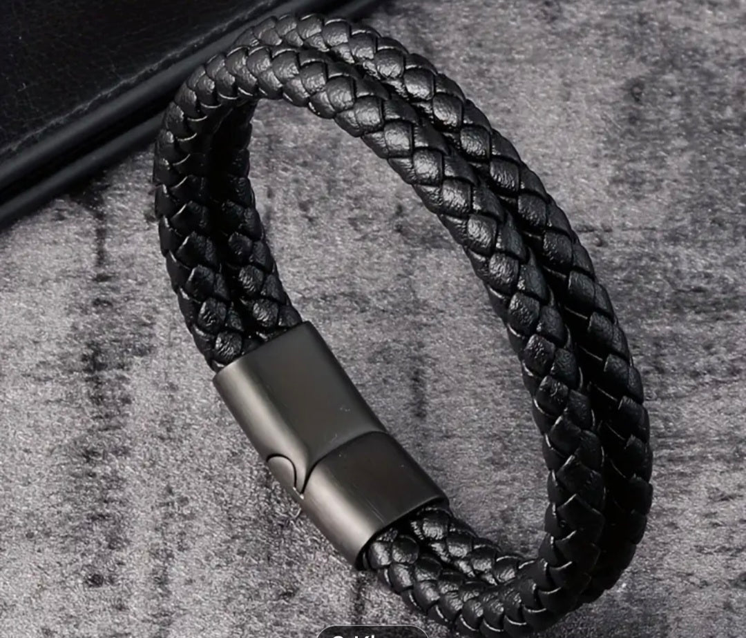 Zwarte gevlochten leren herenarmband dubbel met magnetische sluiting