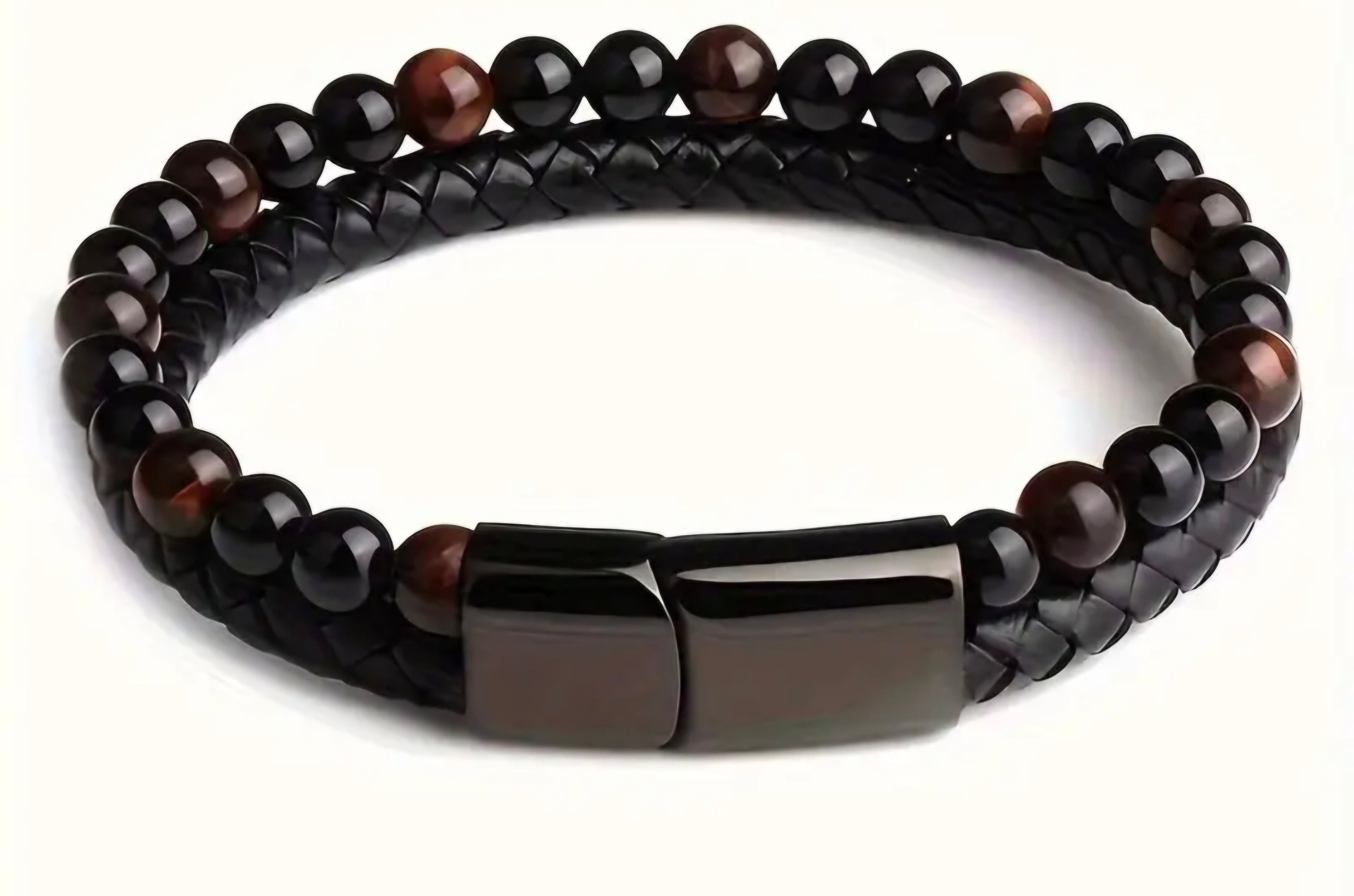 Zwarte leren herenarmband met tijgeroogkralen