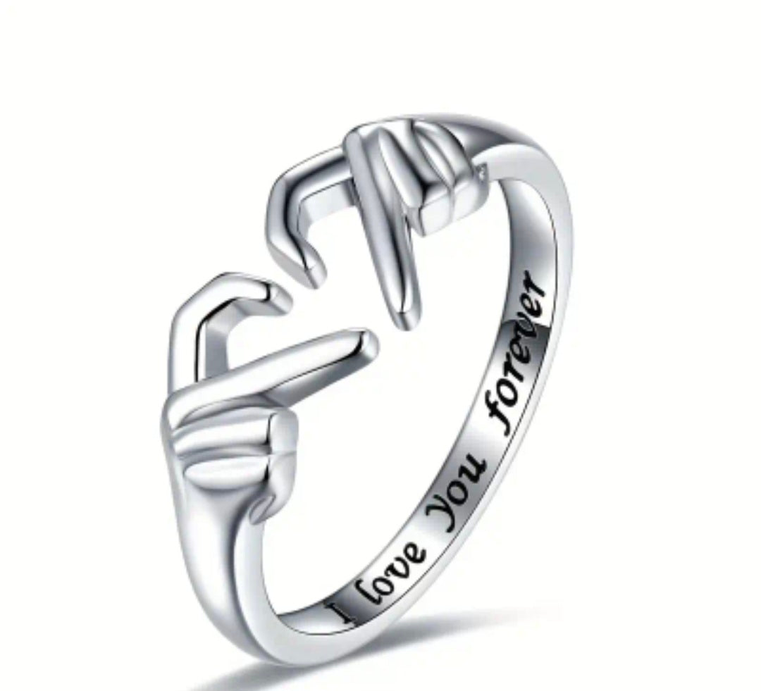 Zilveren “I Love You Forever” ring met handgebaar