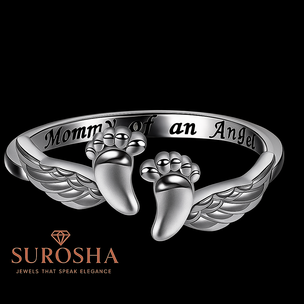 Zilveren “Mommy of an Angel” ring met vleugels en babyvoetjes