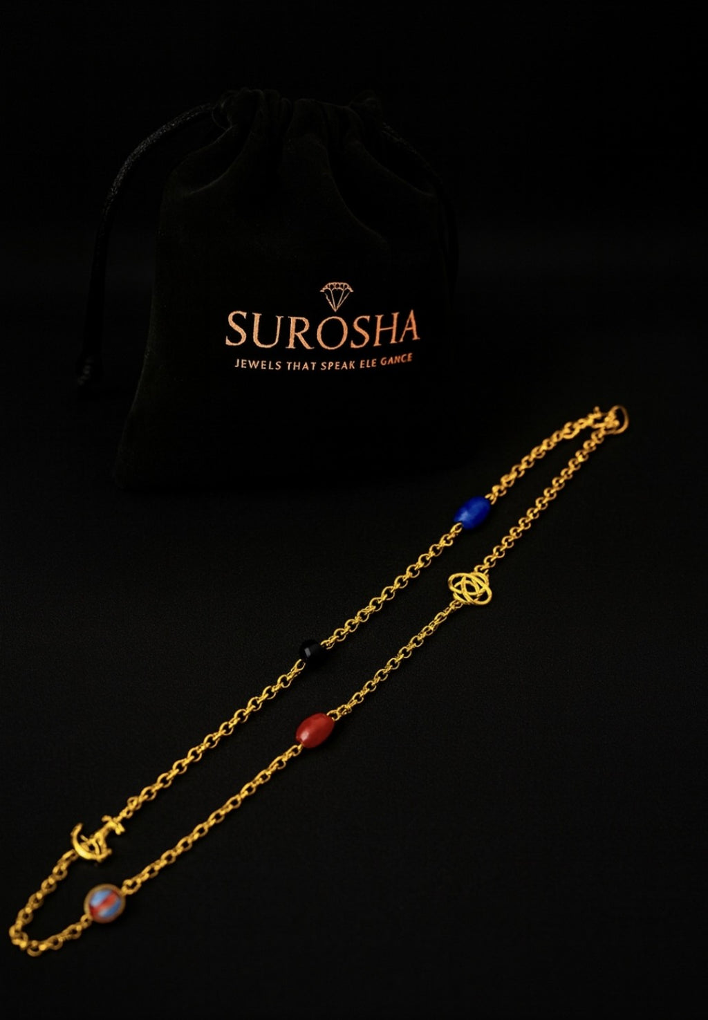 SuRosha Alakondre schakelketting met Alakondre kralen, bedels en zwarte Ogri Ai kraal