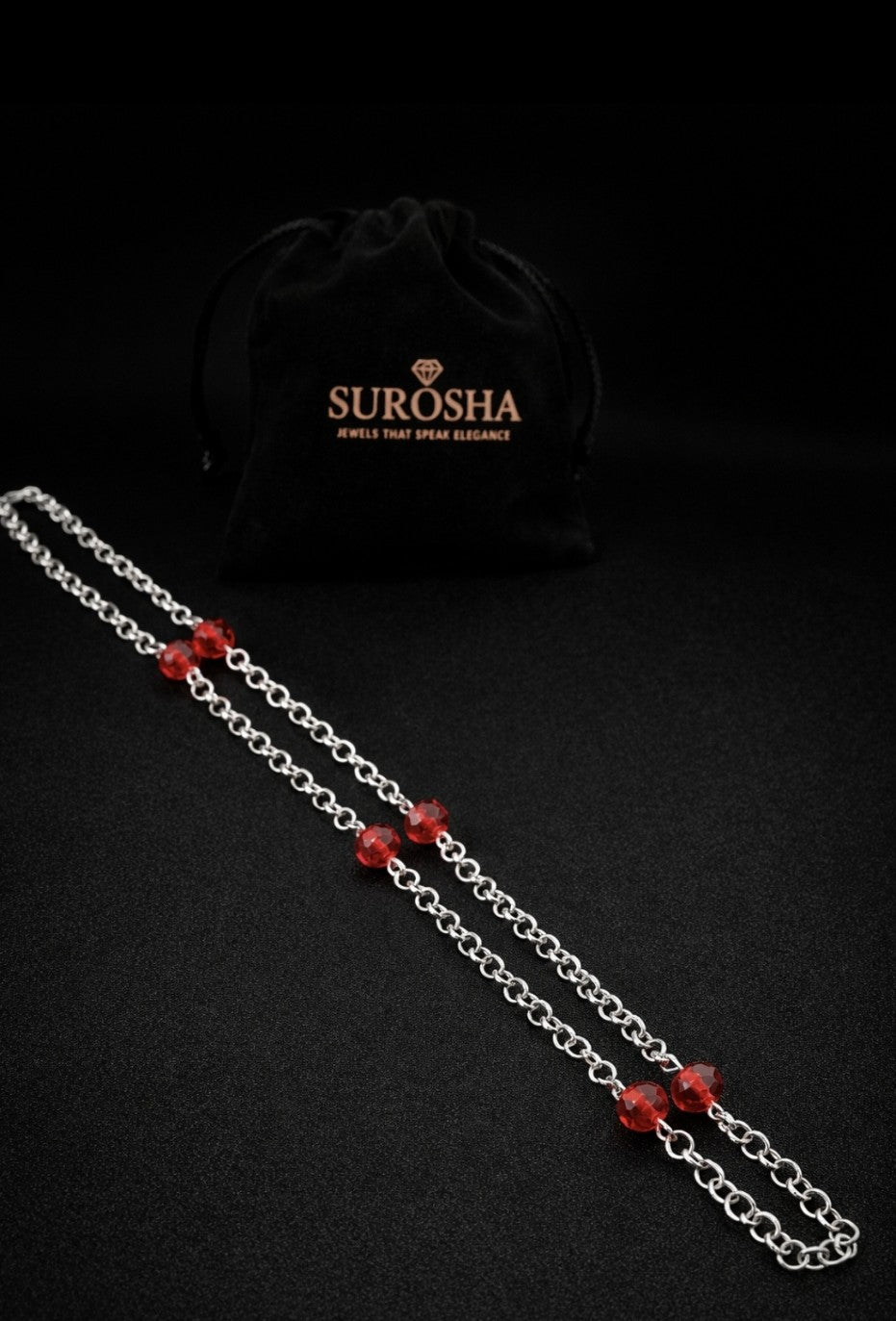 SuRosha Zilveren RVS ketting met Rode Ogri Ai Kralen
