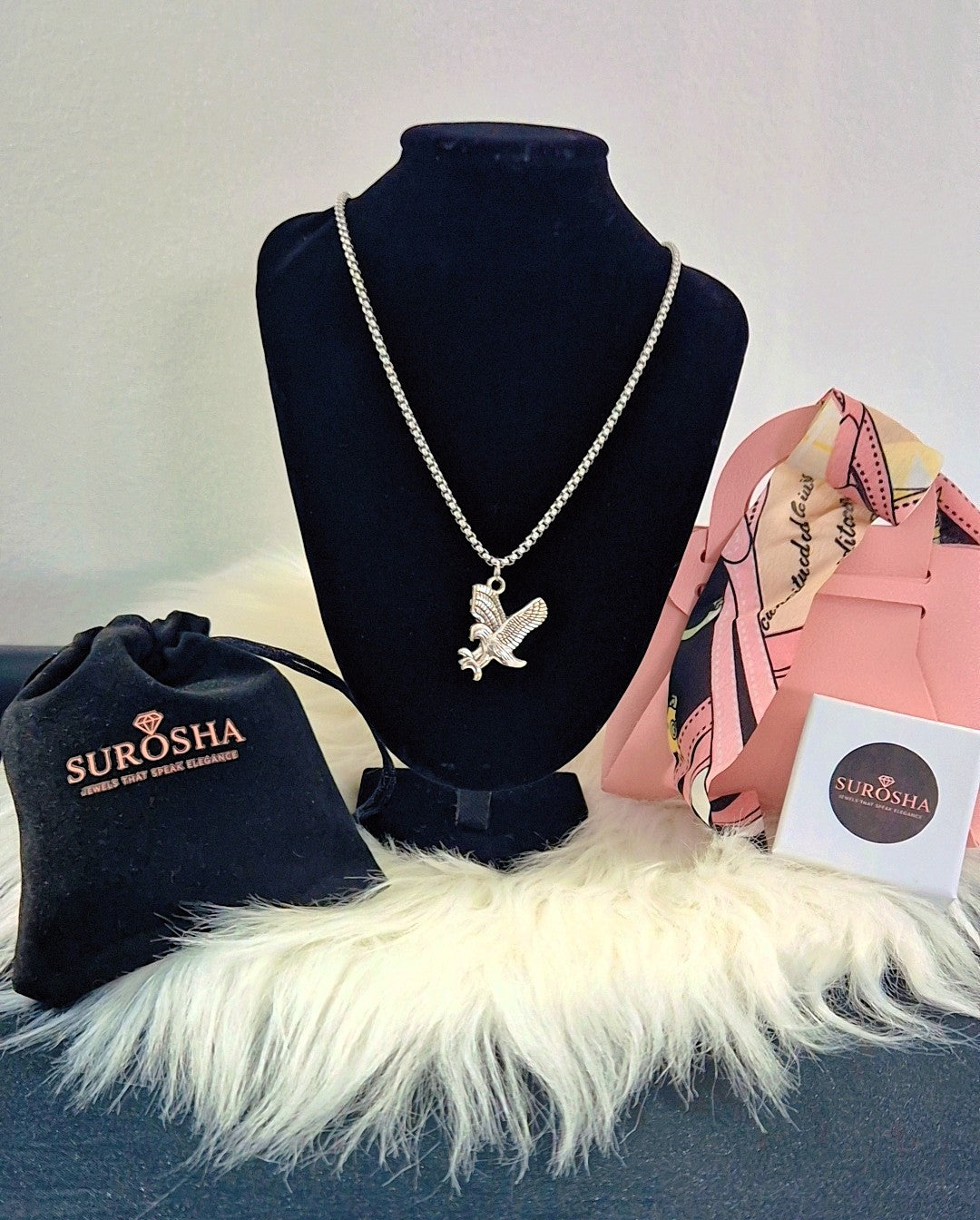 SuRosha Zilverkleurige RVS Ketting met Vliegende Adelaar Bedel