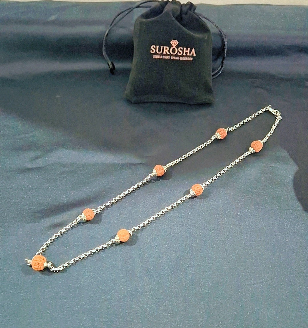 SuRosha Zilverkleurige RVS Ketting met Rudraksha Kralen