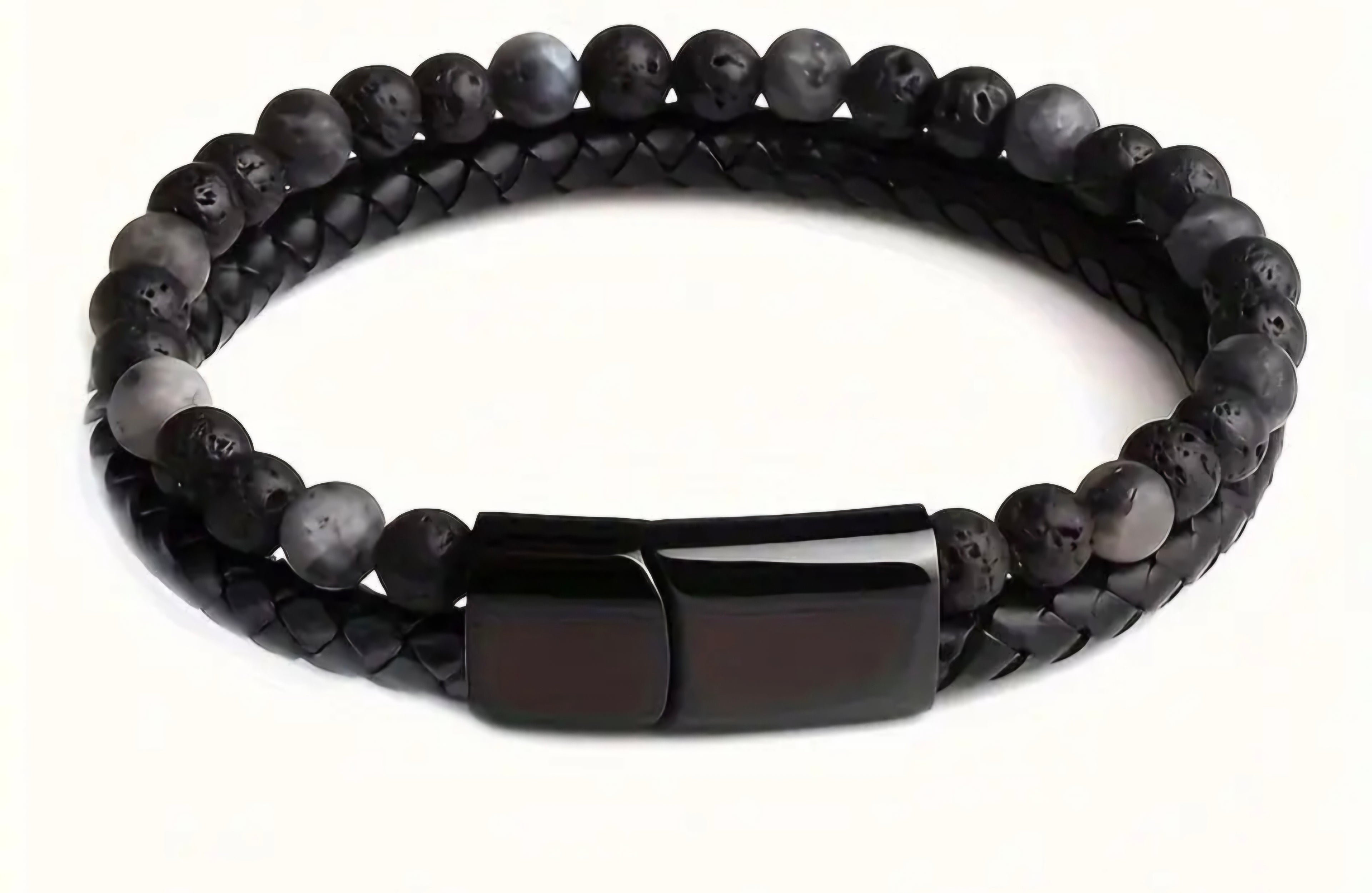 Zwarte leren herenarmband met lavasteen vulkanische kalkkralen