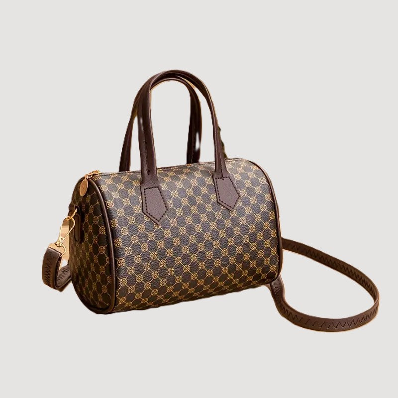 SuRosha Designer Handtas – Koffiebruin met Gouden Patroon & Leren Accenten(19x12x13)