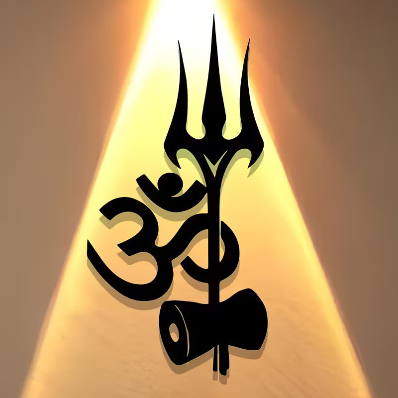 Trishul met Ohm Wanddecoratie Metaal – Spiritueel Kunstwerk 15x30 cm