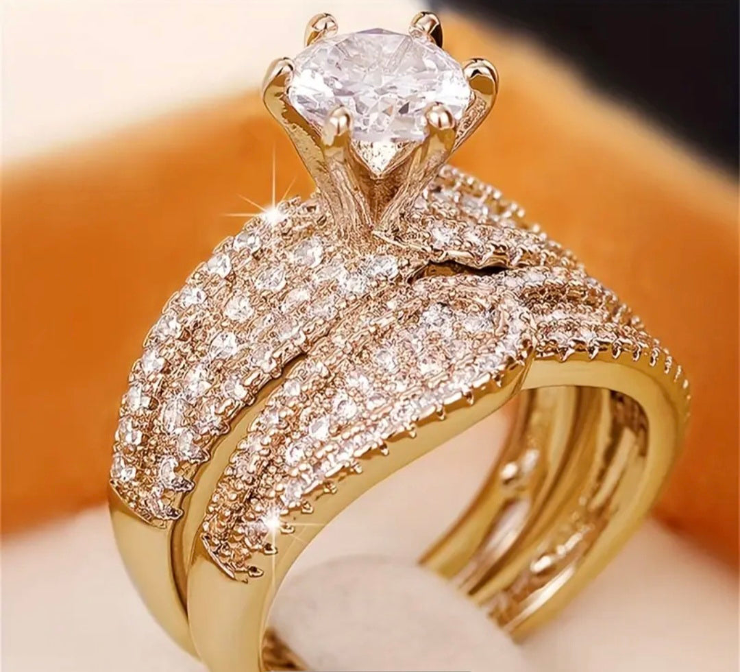 Verlovingsring Deisha - Zilver- en Goudkleurig met Pavé Dubbelband en Solitaire Zirkonia (2-delig)