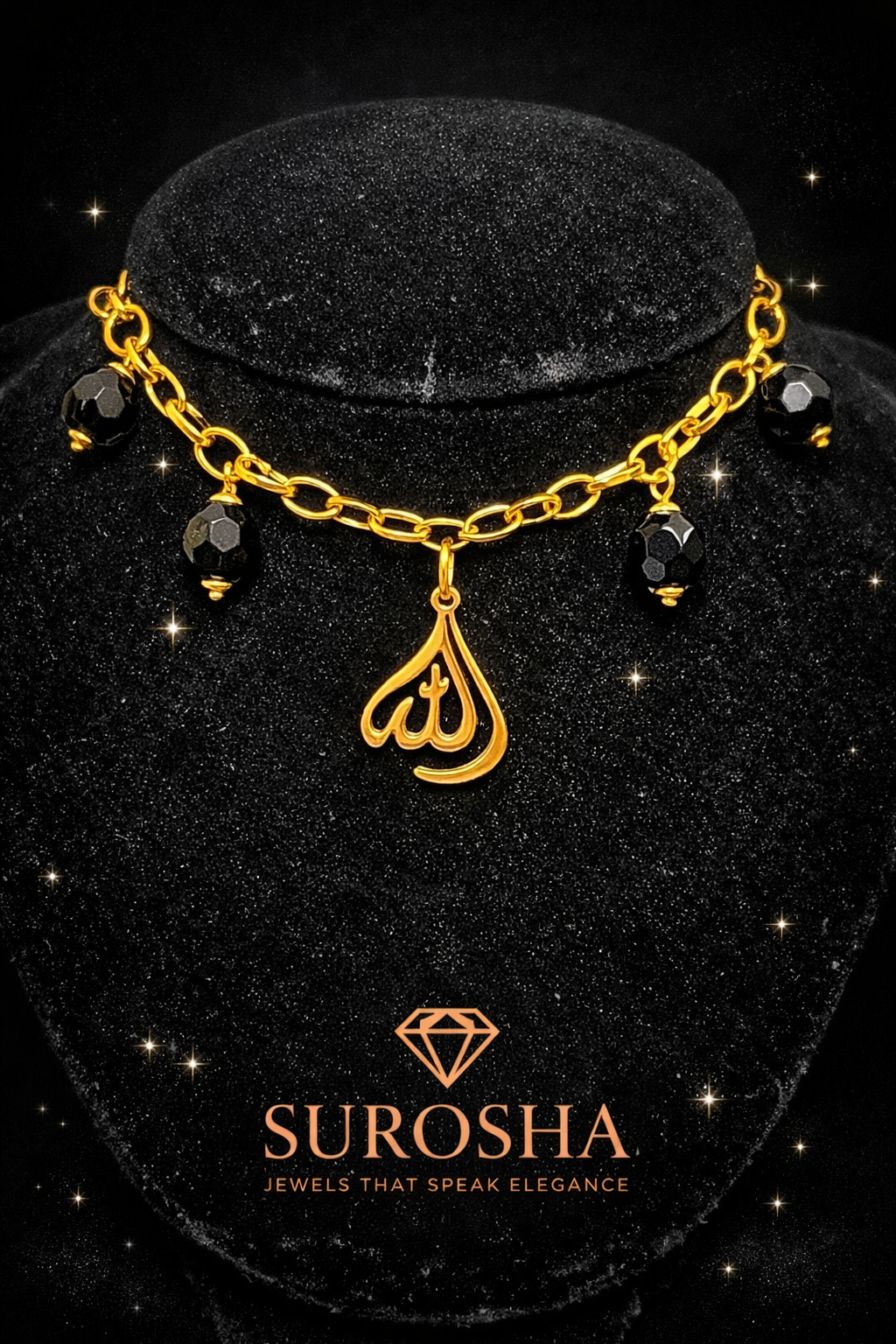 SuRosha Crimson Ogri Armband – Goudkleurige Schakelarmband met Zwarte Ogri Ai Kralen & Allah Bedel