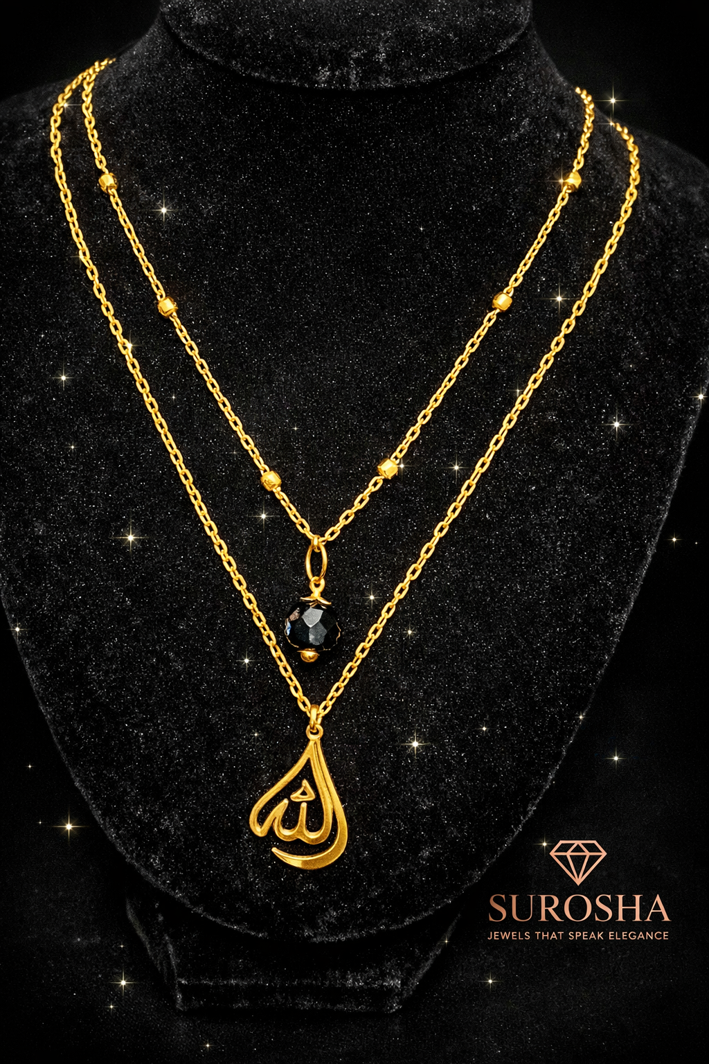 SuRosha Crimson Ogri Duo Necklace – Dubbele Ketting met Zwarte Ogri Ai Kraal & Allah Bedel
