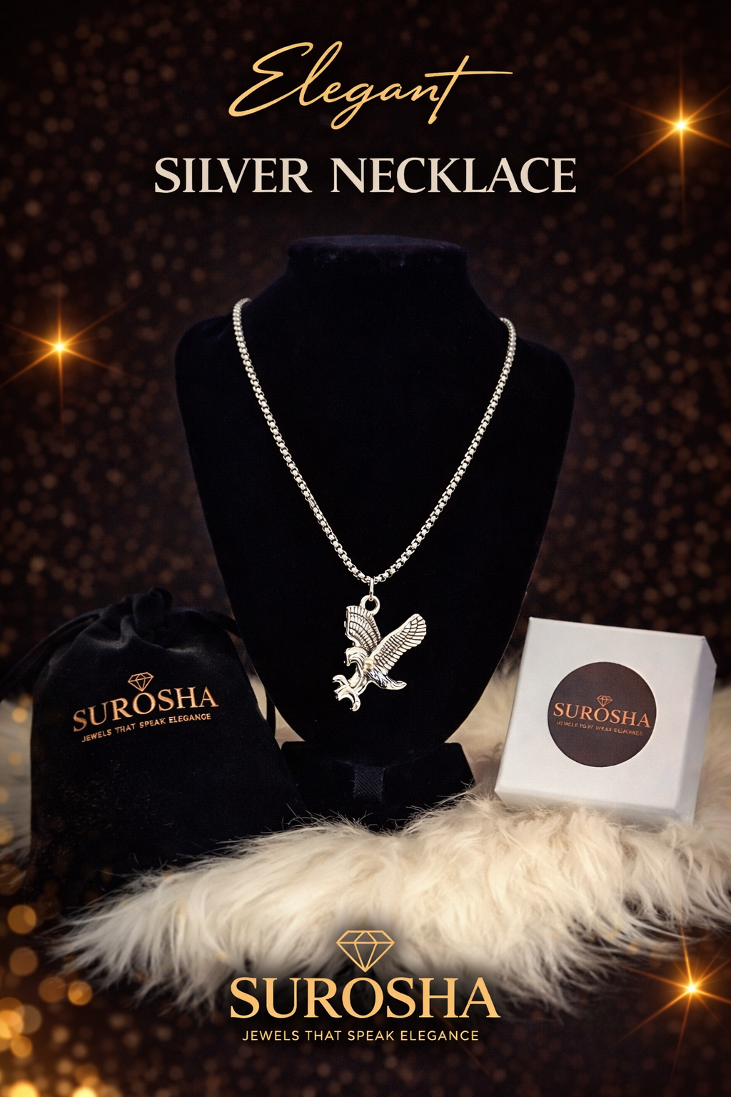 SuRosha Silver Eagle Necklace – Stoere Zilverkleurige RVS Ketting met Adelaarshanger (60 cm)