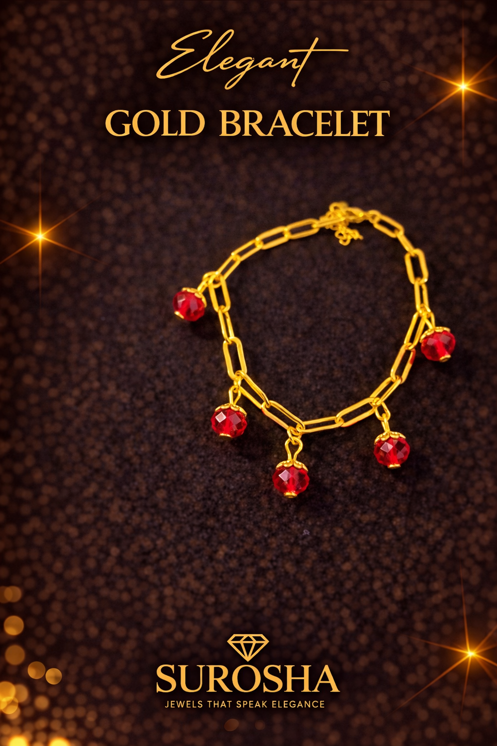 SuRosha Gold Bracelet – Elegante Goudkleurige Schakelarmband met Rode Ogri ai kralen
