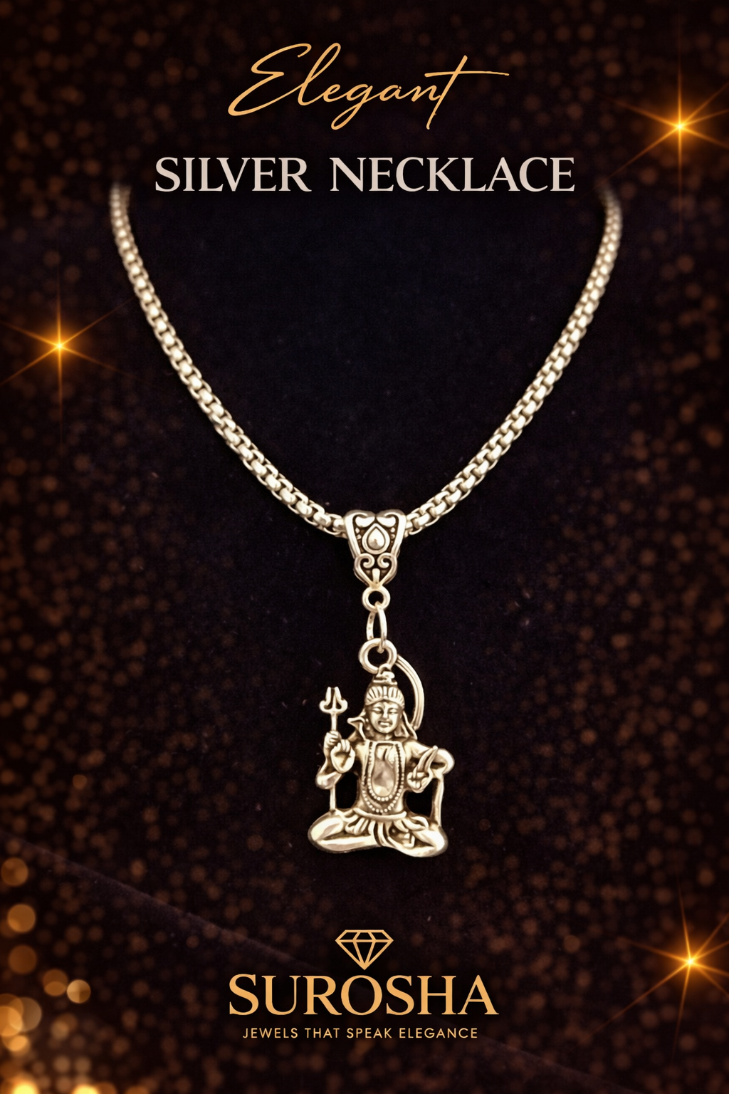 SuRosha Silver Shiv Necklace – zilverkleurige ketting 55/60 cm met Shiv hanger