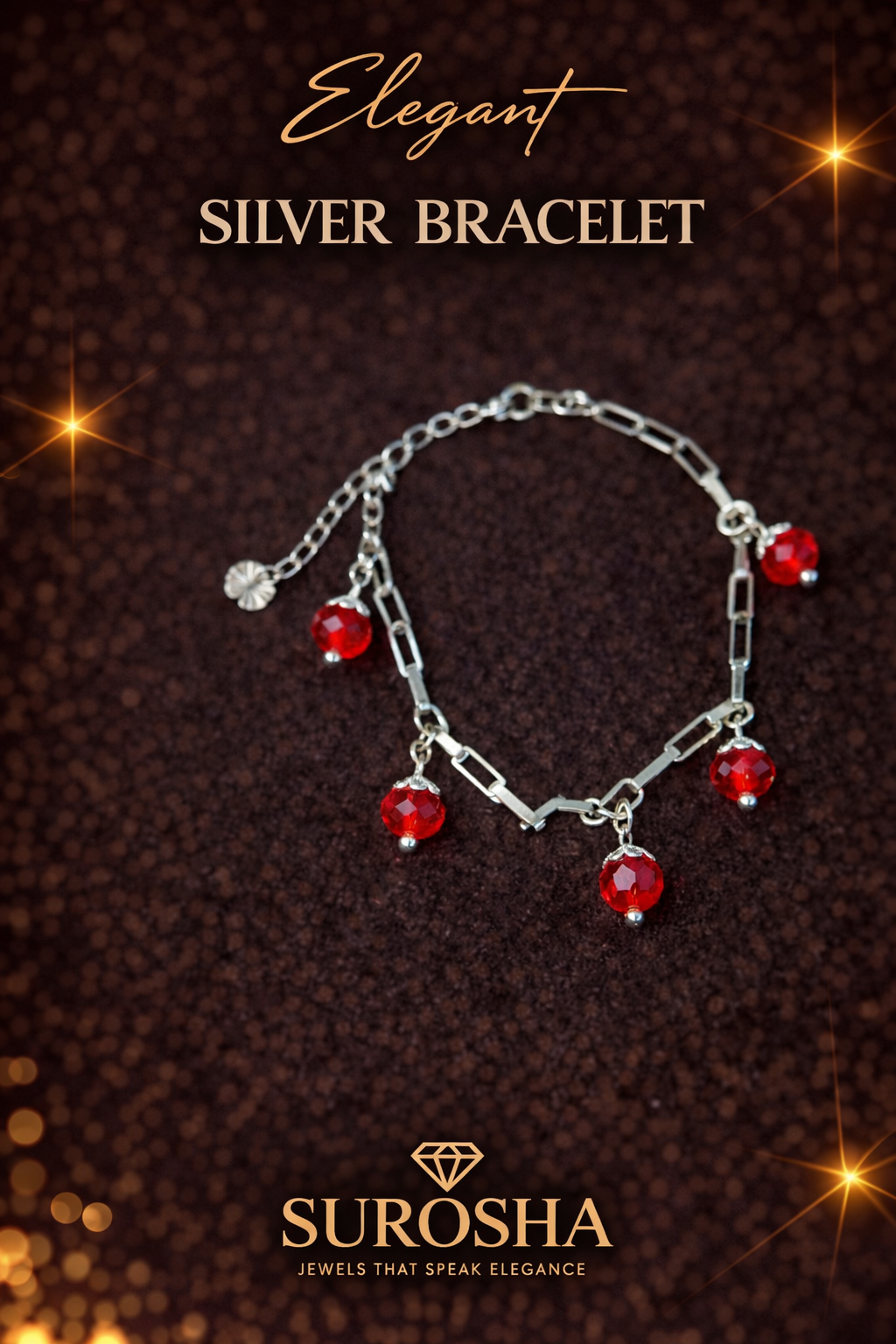 SuRosha Silver Bracelet – Verfijnde RVS Armband met Rode Ogri Ai Kralen
