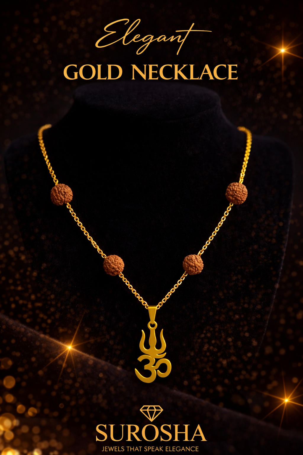 SuRosha Trishul Rudraksha Necklace – 60 cm goudkleurige ketting met Rudraksha kralen