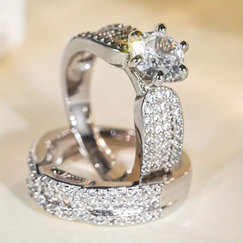 Verlovingsring Deisha - Zilver- en Goudkleurig met Pavé Dubbelband en Solitaire Zirkonia (2-delig)